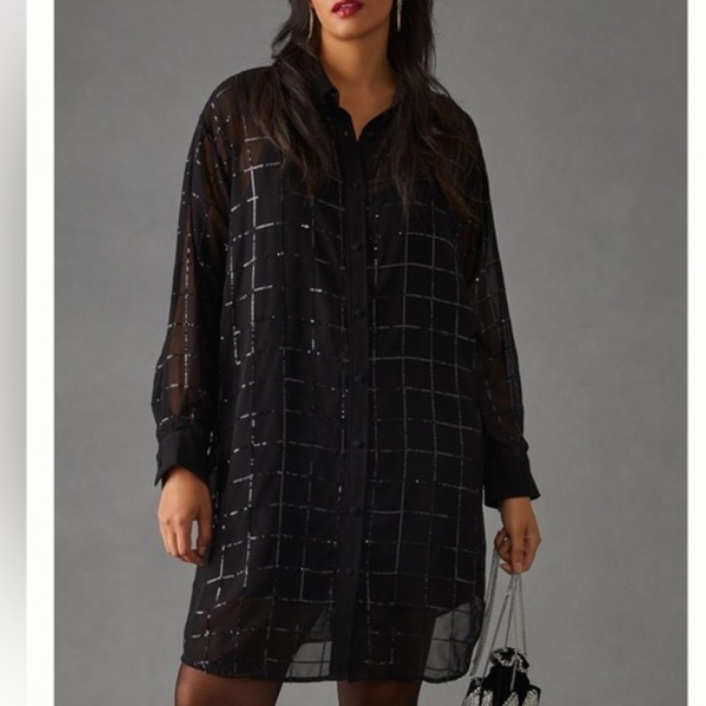 Rdalamal x Anthropologie Black Sheer Sequin Shirt Dress XXS Oversized Festival - Picture 1 of 10